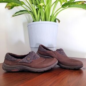 MERRELL Dassie Fold Moc Womens  sz 10 Brown Leather Wool Slip On Shoes